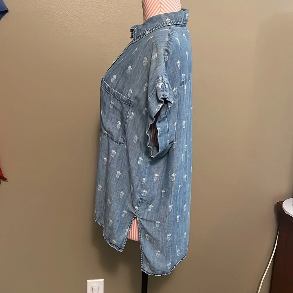 Rails Chambray blue pineapple short sleeve button up down lyocell linen - M - Picture 4 of 7